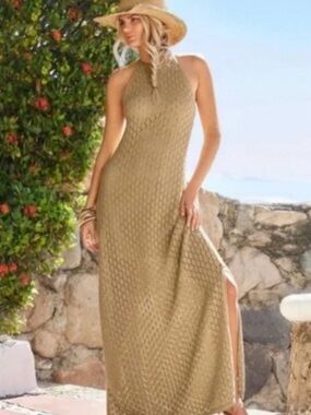 Boston Proper crocheted Halter Maxi Dress in Tan xl